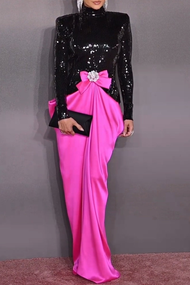 Women's Elegant Party Sequins Patchwork Satin Maxi Dress