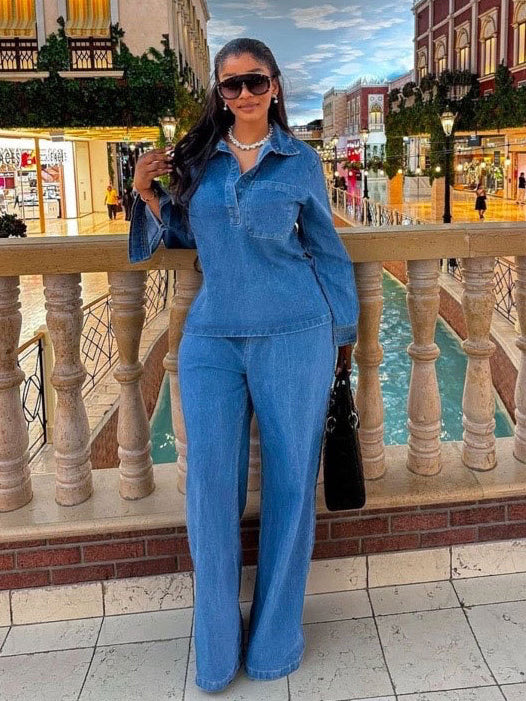Casual Lapel Pocket Denim Top + Tie Waist Jeans Suit