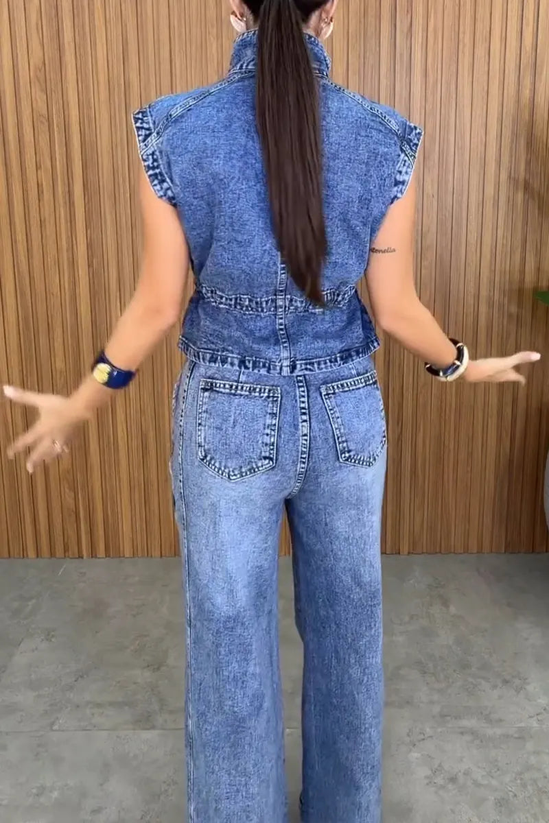 Women's Casual Stand Collar Denim Vest or Wide Leg Jeans