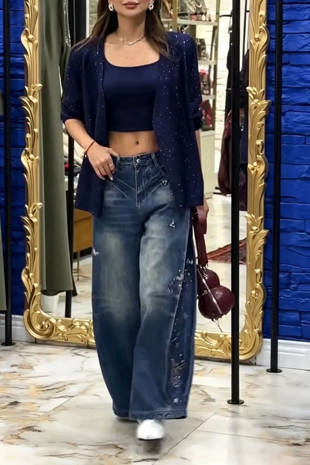 Women's Fashion V-Neck Rhinestone Blazer or Embroidered Jeans