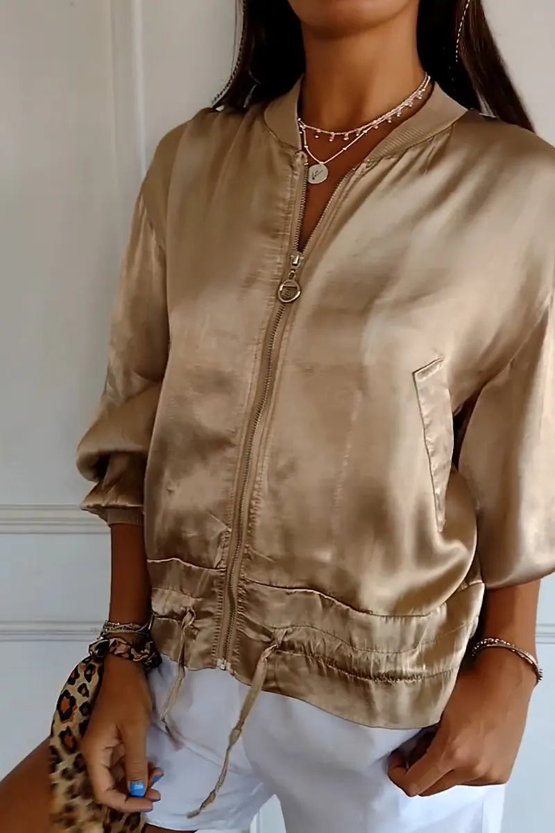 Women's Round Neck Spliced Zipper Casual Satin Jacket