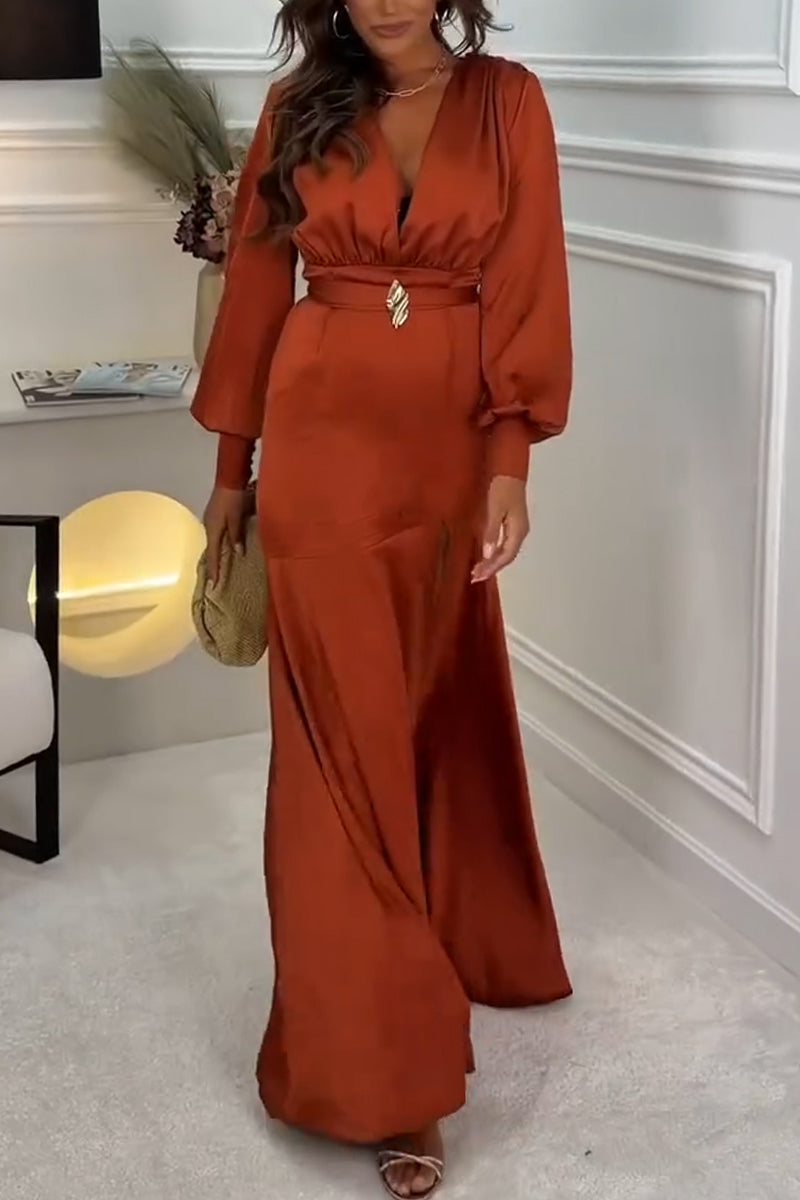 Women's V-neck Cinched Waist Slit Elegant Temperament Dress