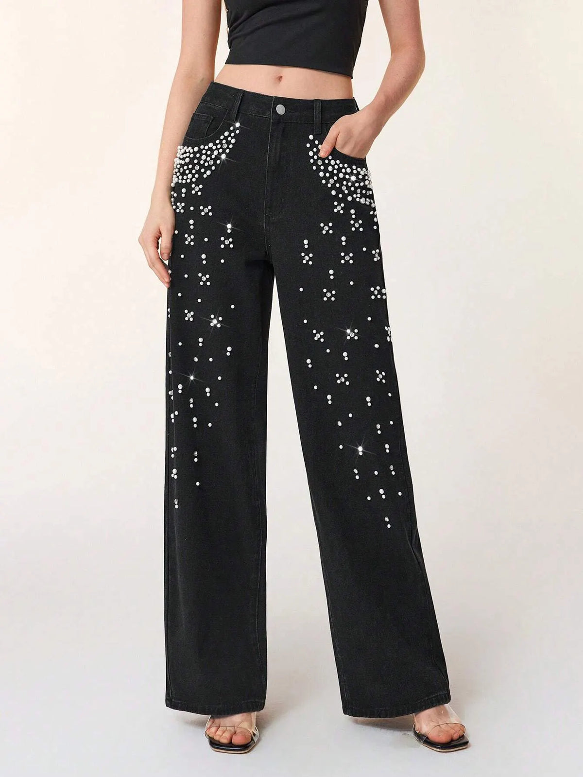 Casual Loose Fit Beaded Straight Leg Jeans