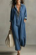 Women's Casual Shirt Collar Oversized Denim Maxi Dress