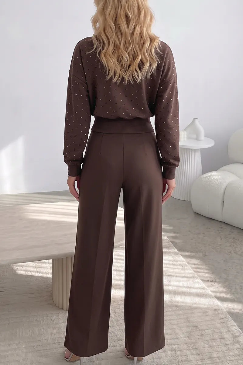 Women's 2-Piece Shimmer Outfit High Neck Long Sleeve Top and High-Waisted Flowy Palazzo Pant Set