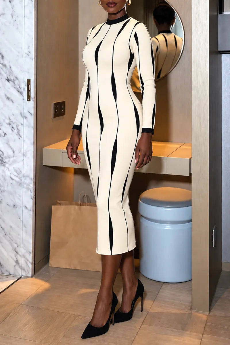 Women's Optical Stripe Long Sleeve Bodycon Dress Contrast Trim Crew Neck Pencil Midi Dress