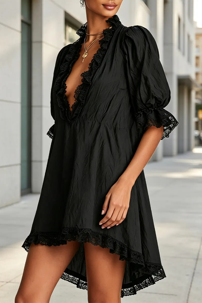 Women's Deep V-neck Patchwork Hollow Pattern Elegant Casual Irregular Dress