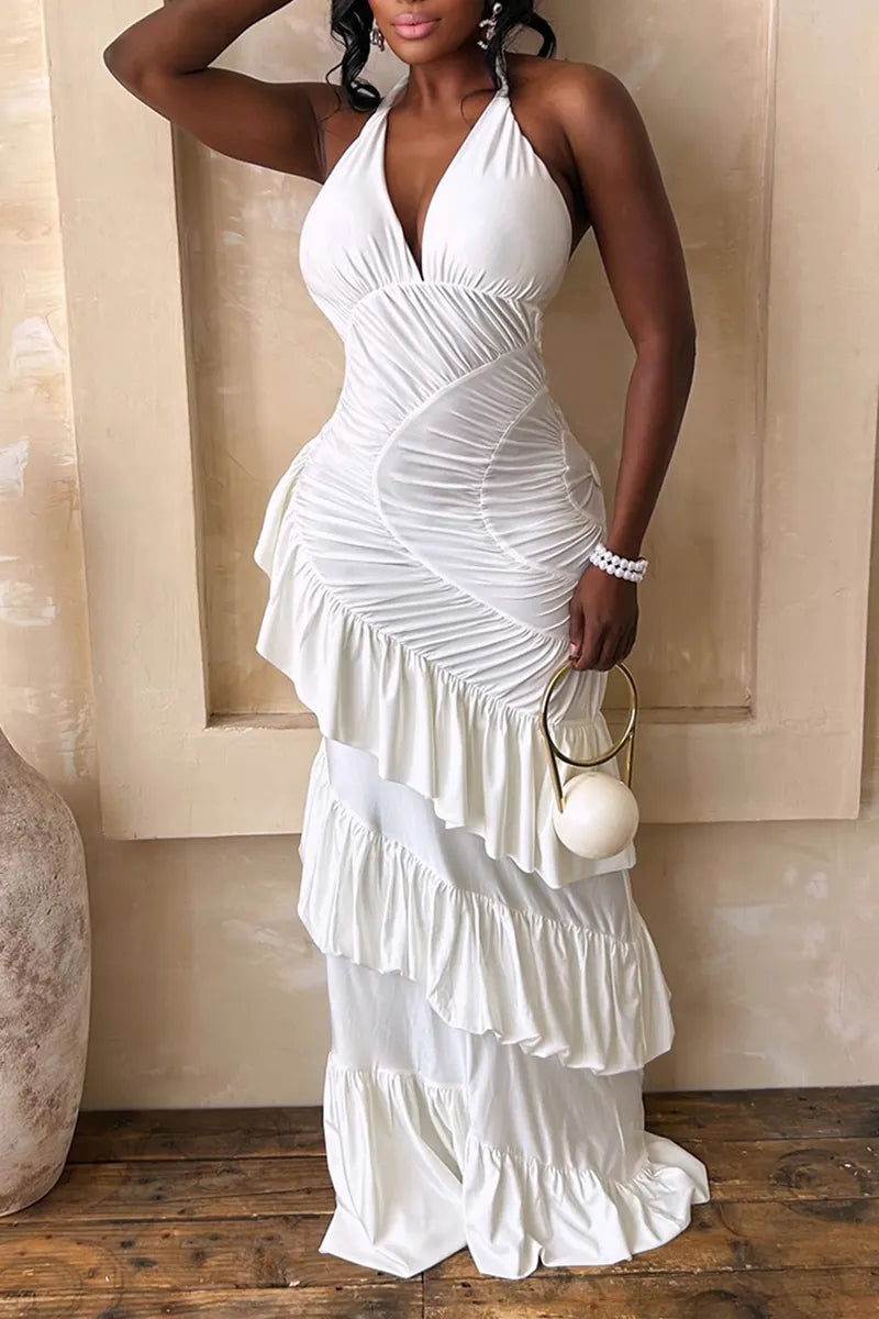 Women's Elegant Party Tiered Pleated Slim Maxi Dress