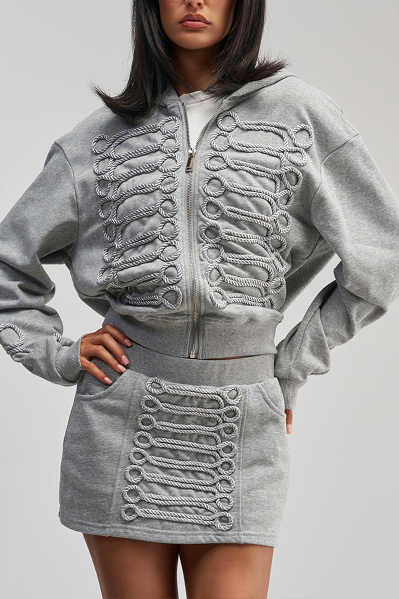Women's Casual Woven Decoration Hoodie or Mini Skirt