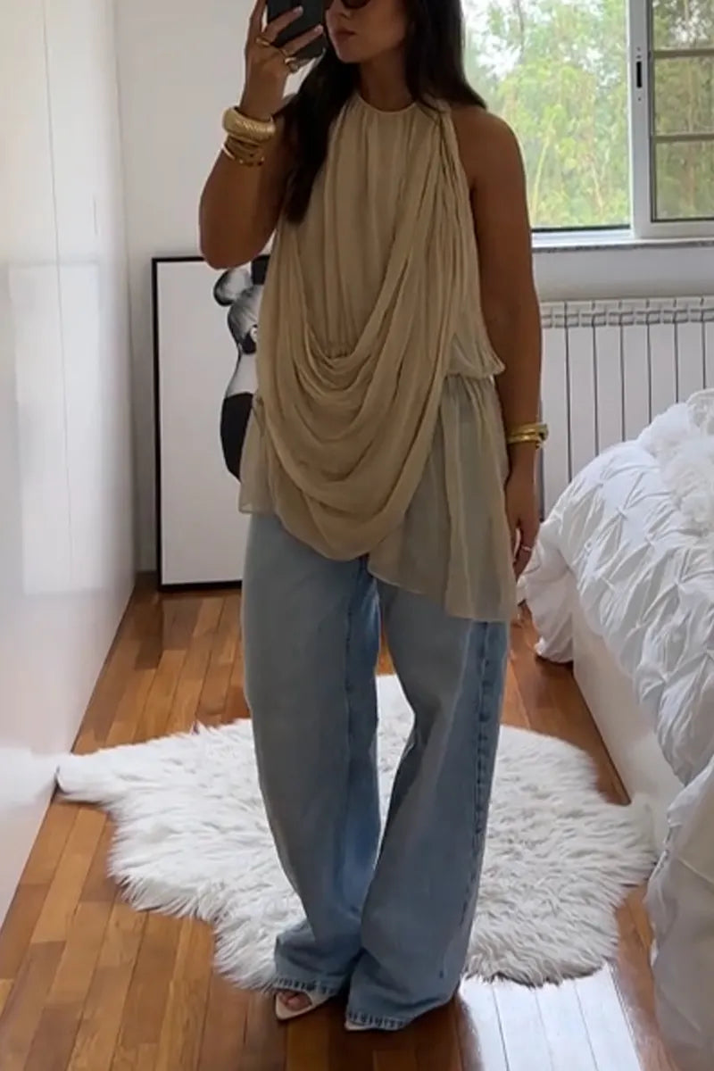 Women's Round Neck Patchwork Irregular Top or Washed Casual Jeans