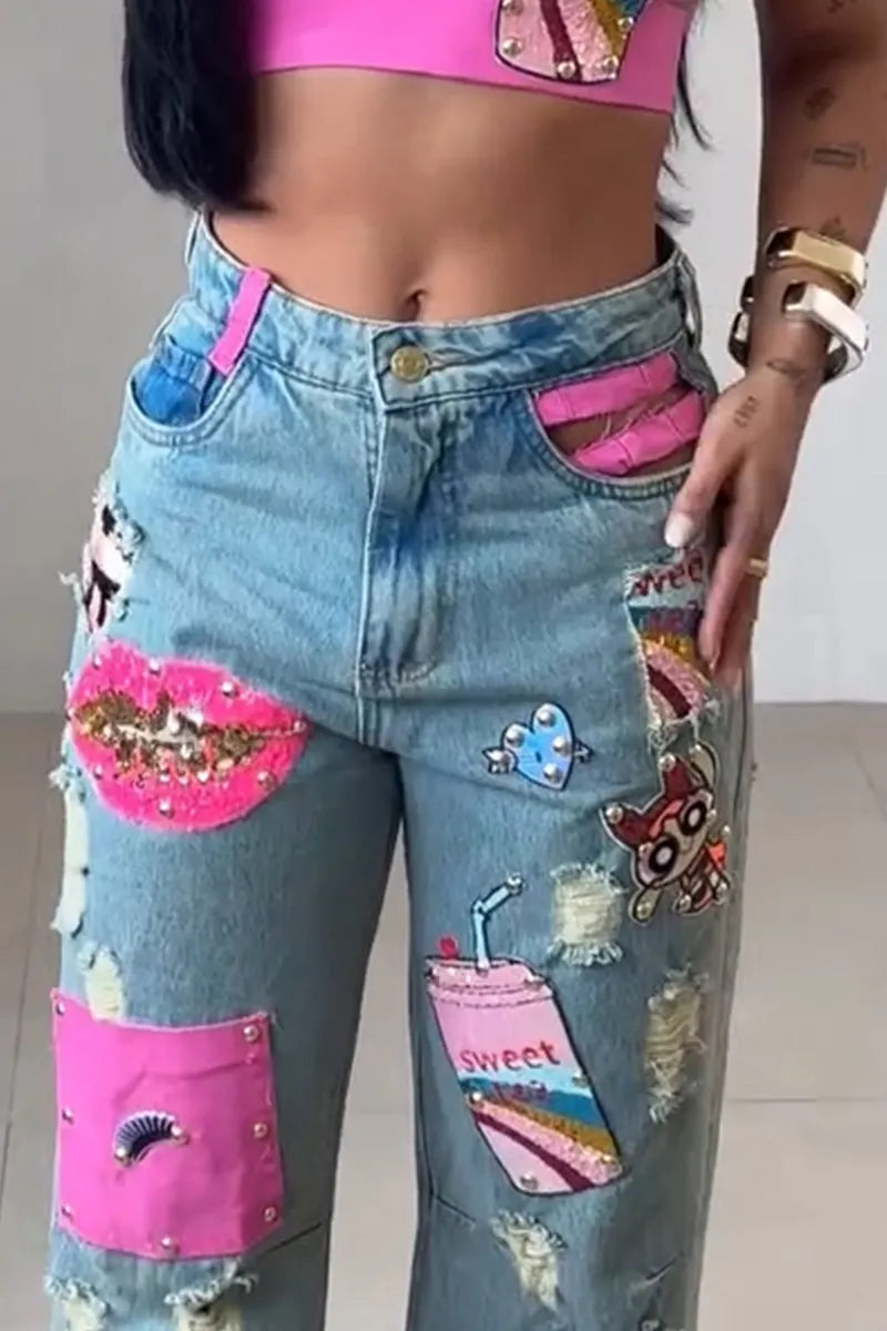 Women's Casual Cartoon Sequin Patch Washed Jeans