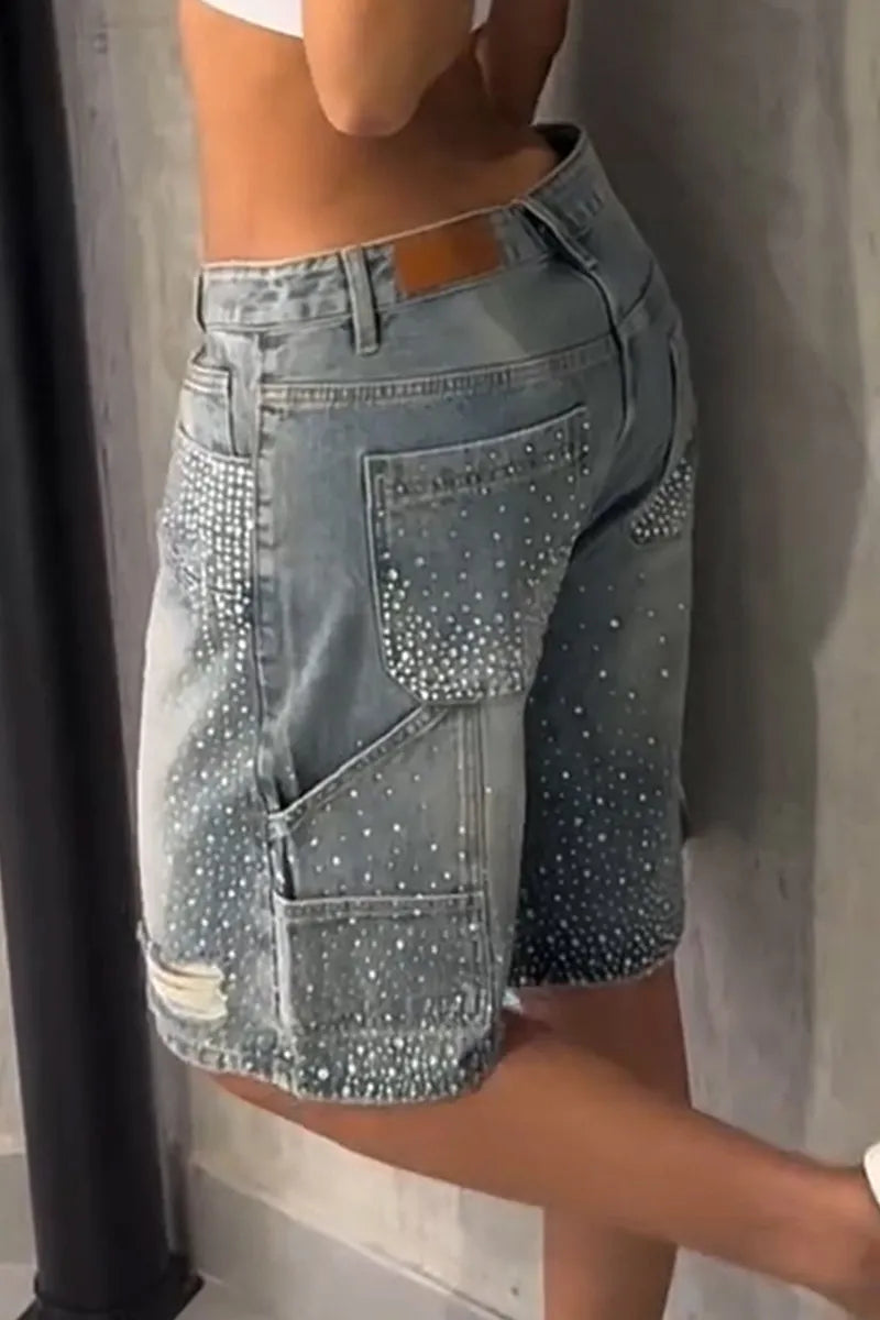 Ladies' Hot Selling Casual Rhinestone Splicing Casual Five Piece Denim Shorts