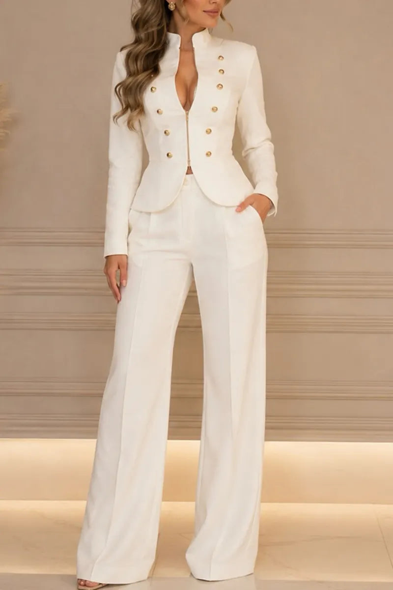 Women's Elegant Button Decoration Slim Blazer Suit Pants Two-Piece Set