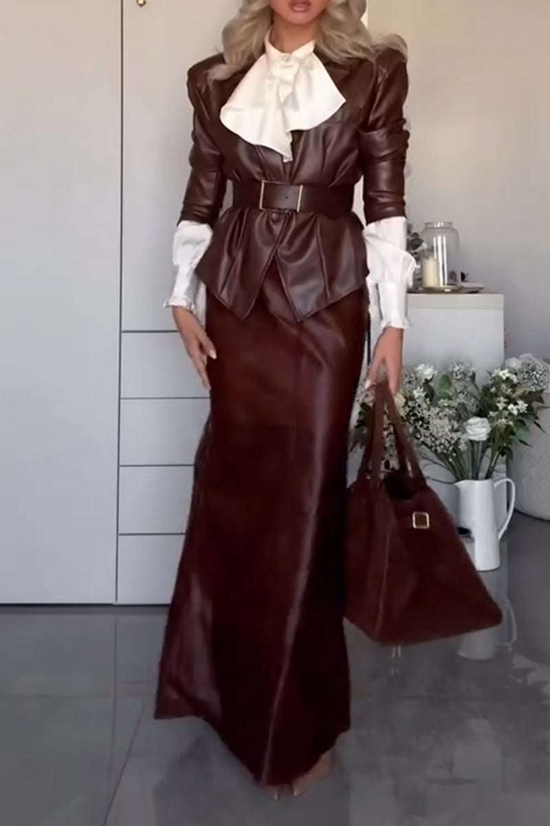 Women's Elegant Lapel Leather Jacket with Belt or Skirt