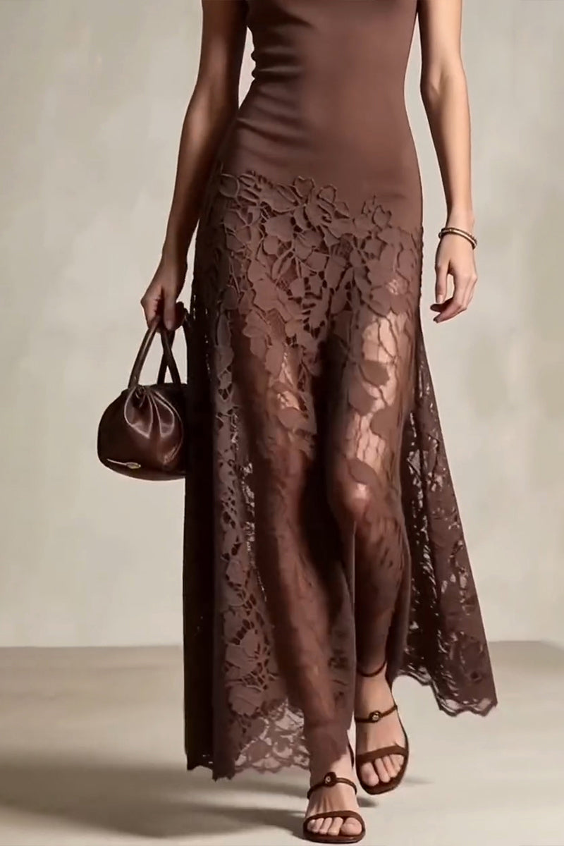 Women's Elegant Crew Neck Lace Patchwork A-Line Dress