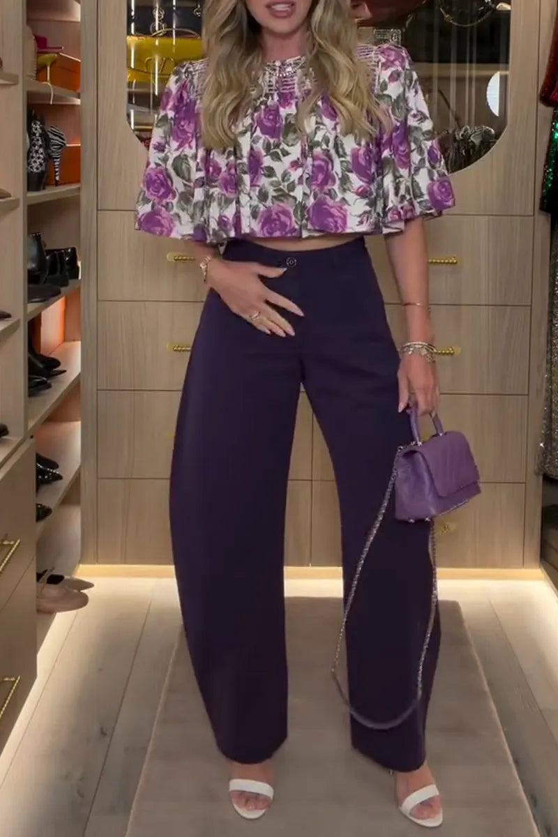 Women's Round Neck Printed Top or Solid Color Wide Leg Pants