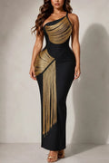 Women's Elegant Gold Fringe Asymmetric Dress