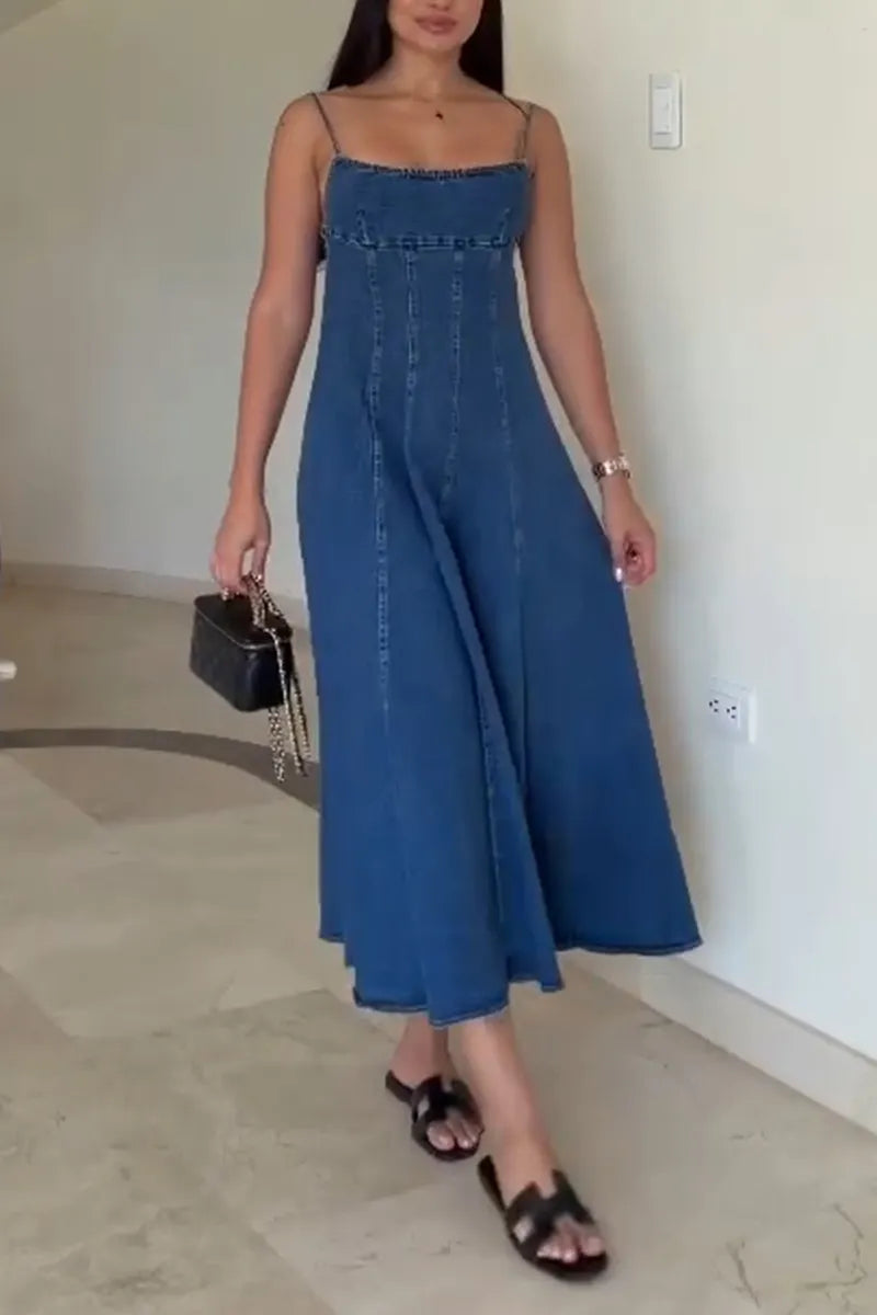 Women's Suspender Patchwork Solid Color Casual Denim Dress