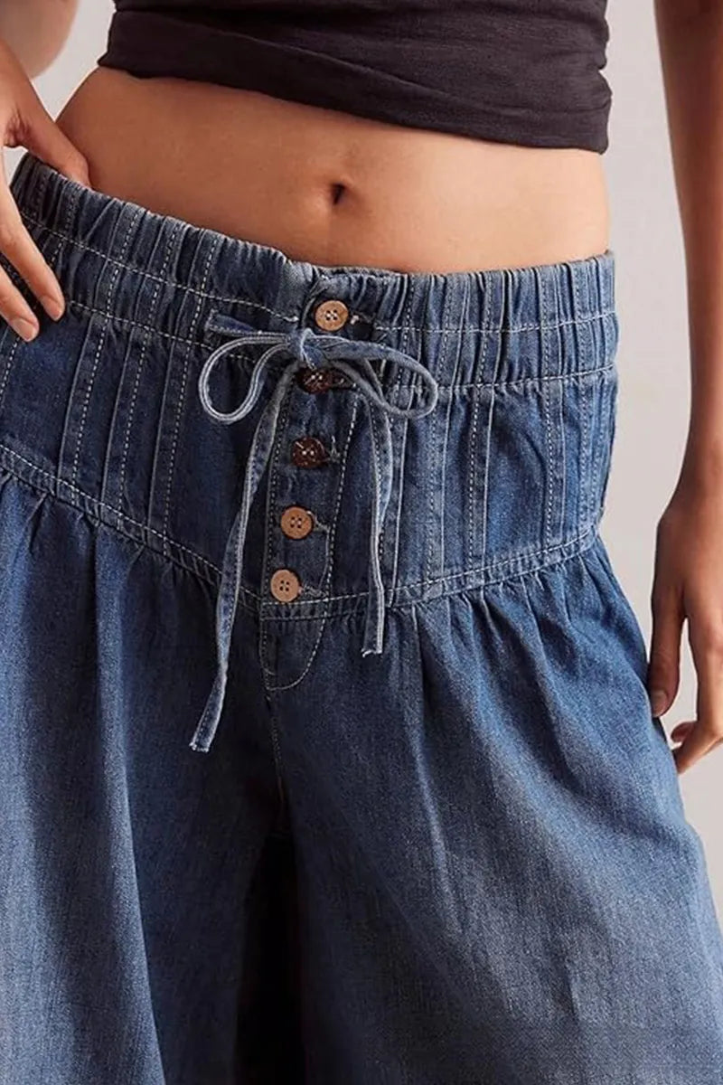 Casual Pleated Mid Rise Drawstring Relaxed Wide Leg Jeans