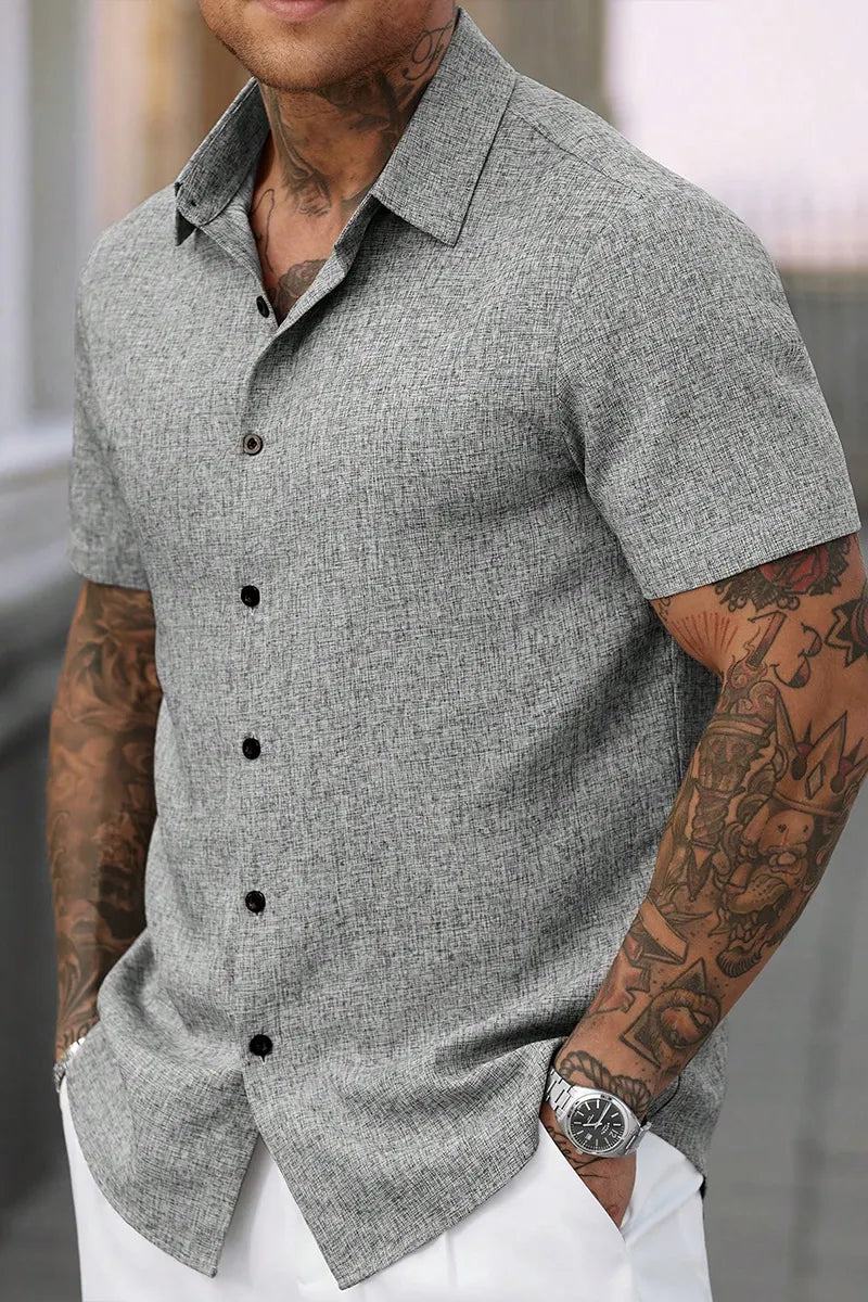 Men Casual Textured Short Sleeve Collared Woven Shirt For Men