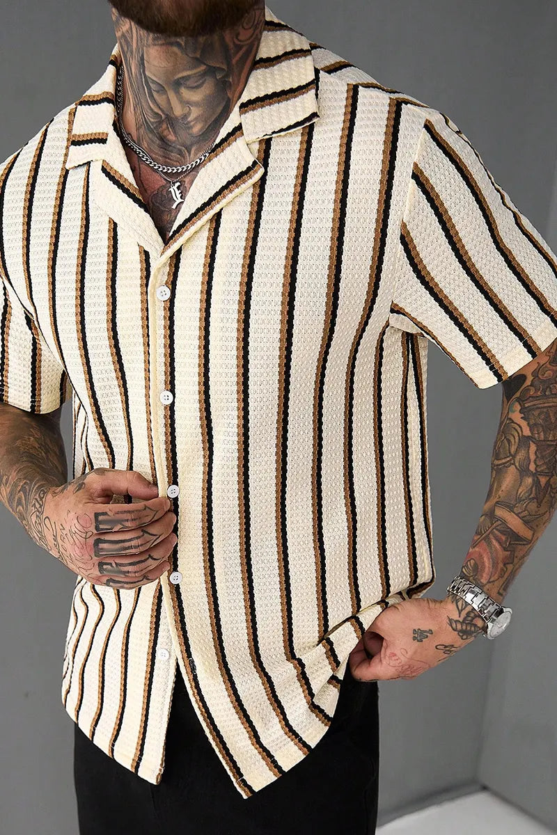 Men's Beige Summer Casual Vacation Holiday Striped Waffle Knit Polo Shirt,Classic Button Down Short Sleeve Textured Cuban Shirt Retro Outdoor Tops