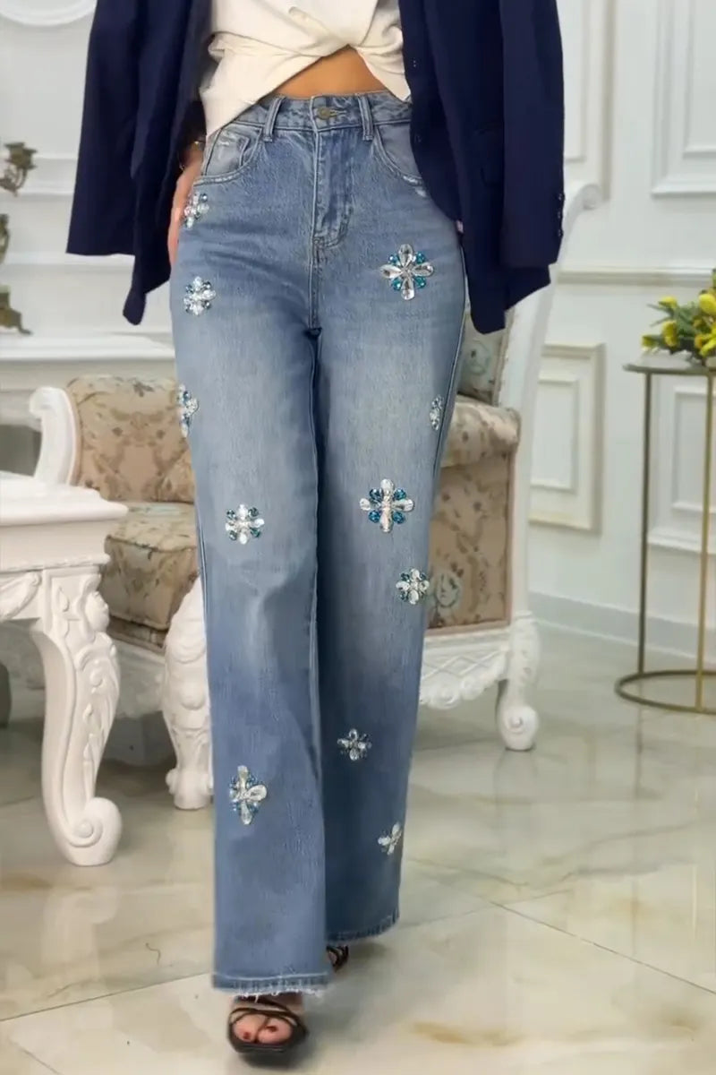 Women's Fashion Rhinestone Floral Trim Jeans