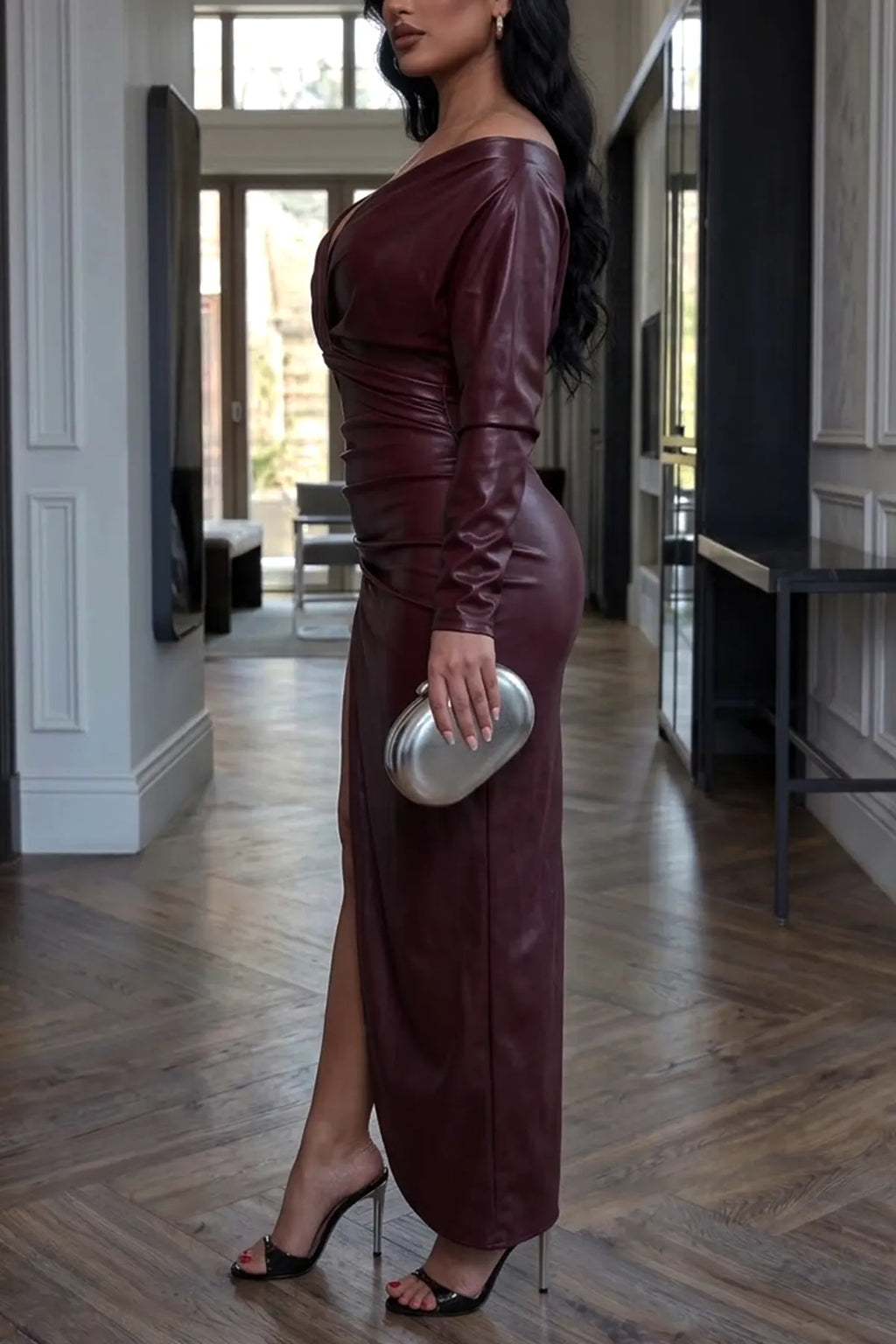 Women's Sexy Off the Shoulder Faux Leather Maxi Dress Long Sleeve Ruched High Slit Cocktail Bodycon Club Dress