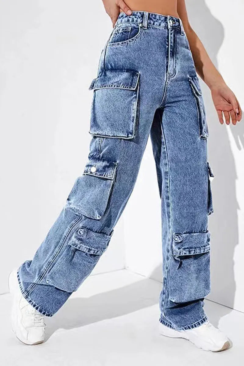 Casual High-Rise Flap Pocket Cargo Jeans