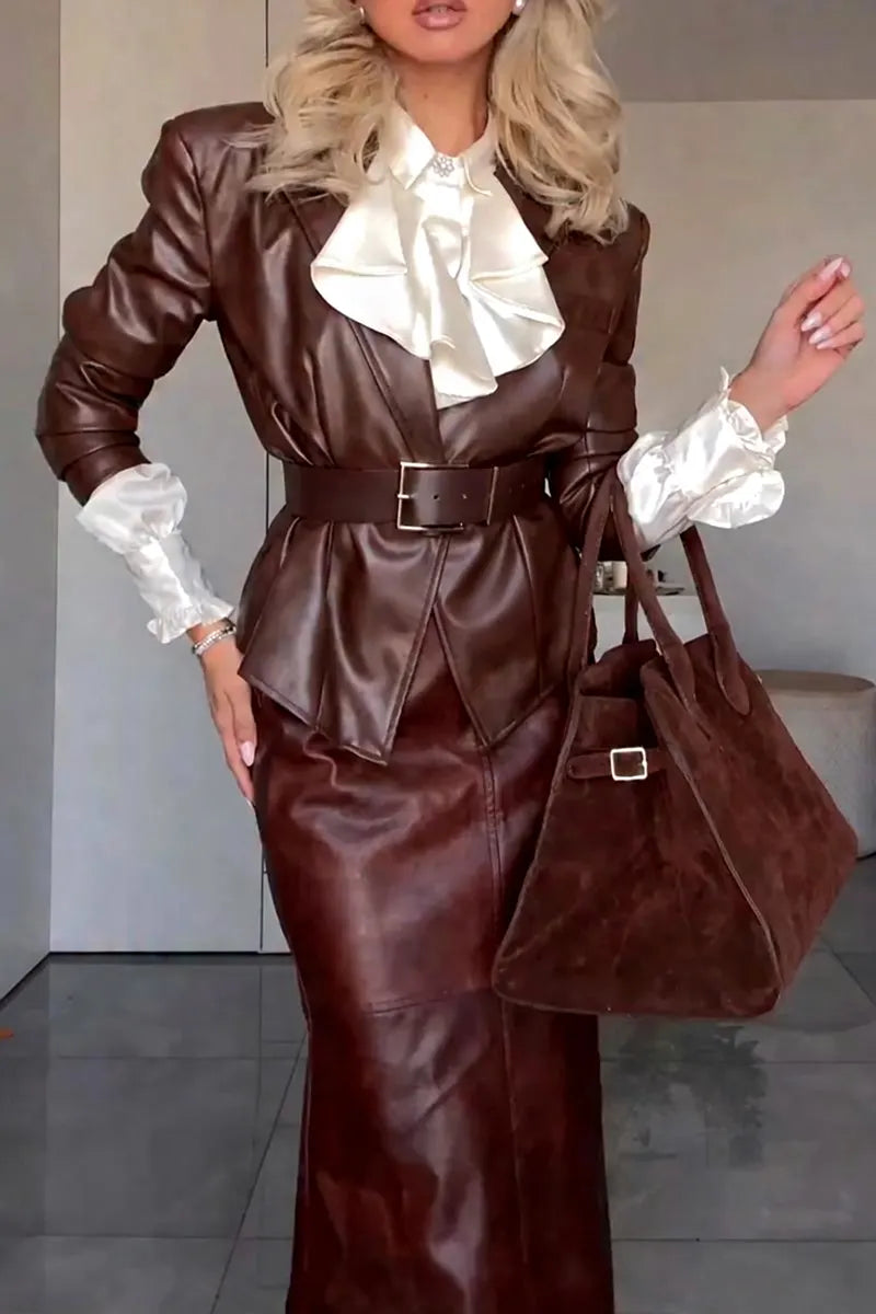 Women's Elegant Lapel Leather Jacket with Belt or Skirt