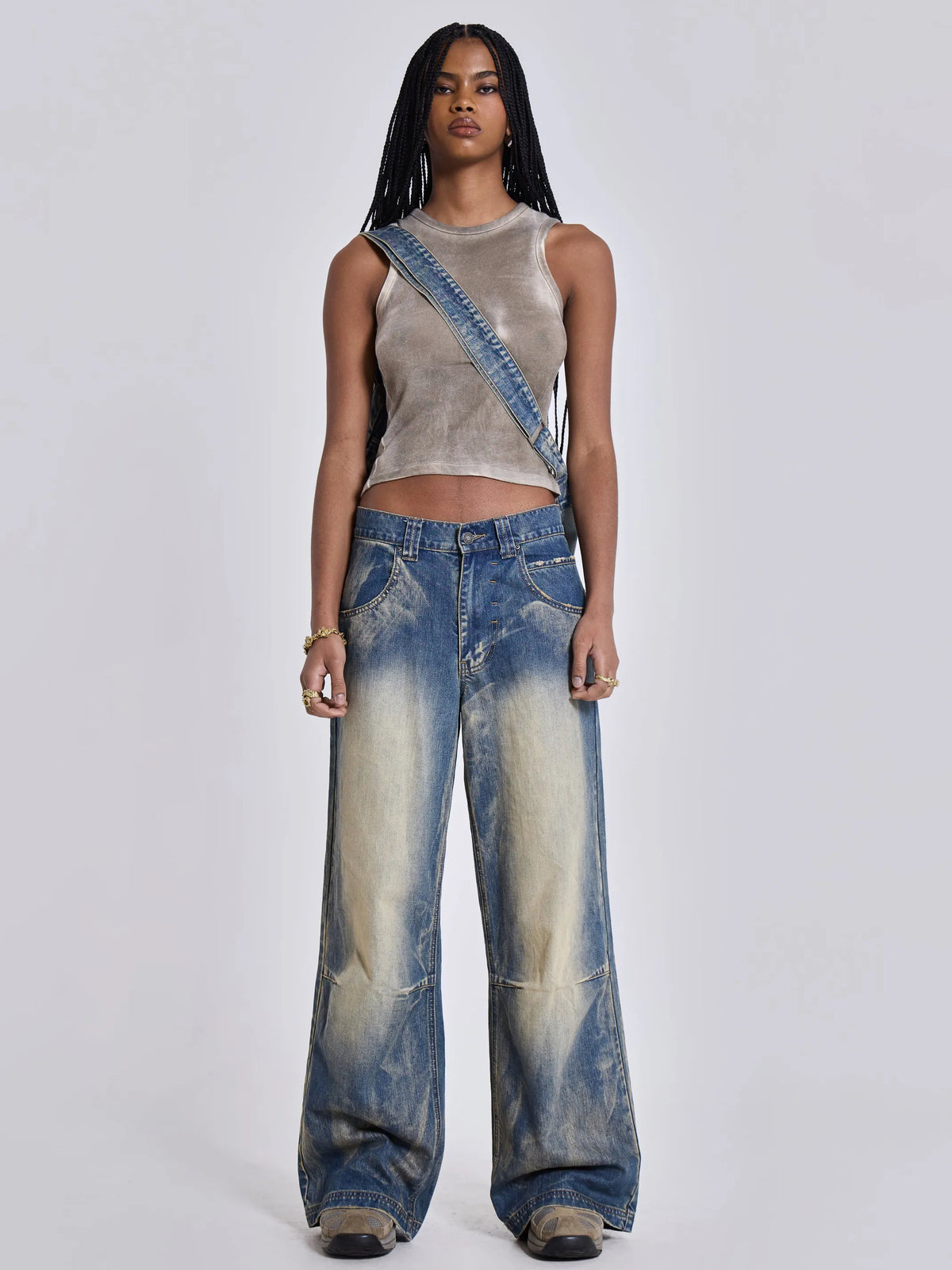 Vintage Distressed Ombre Wing Print Wide Leg Jeans