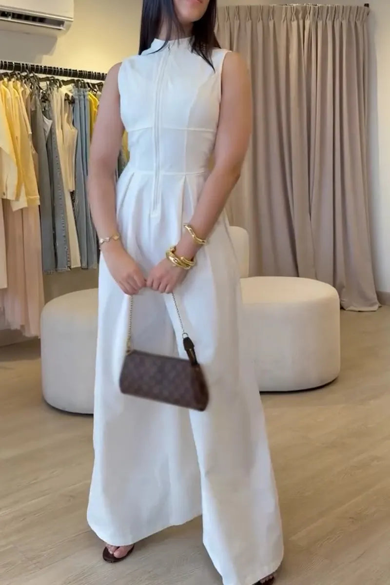 Women's Round Neck Sleeveless Zipper Splicing Solid Color Casual Jumpsuit