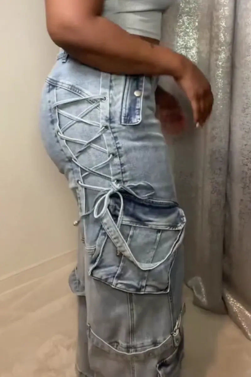 Women's Street Style Wide Leg Cargo Jeans With Multiple Pockets And Drawstring Details