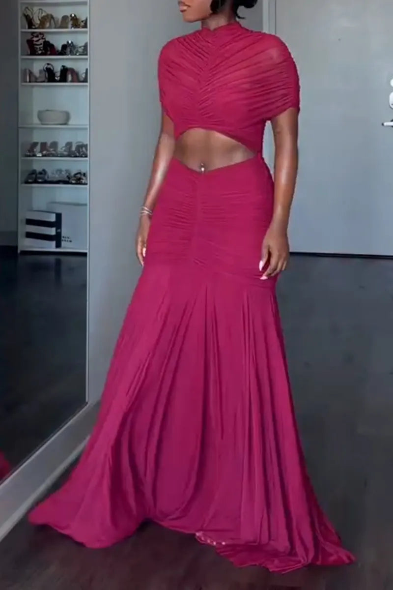 Women's Elegant Party Pleated Cut-Out Decoration Gown Maxi Dress