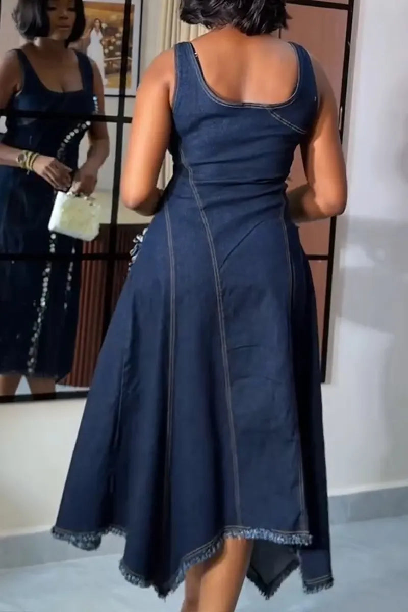 Women's Casual Sequin Decoration Patchwork Denim Midi Dress