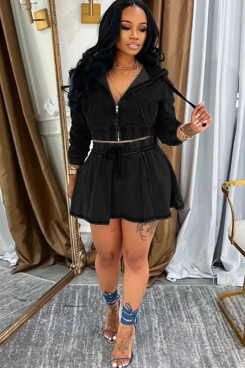 Women's Faded Blue Denim Two Piece Outfit Sets