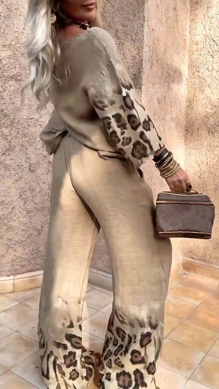 Women's Round Neck Leopard Print Cotton and Linen Casual Suit
