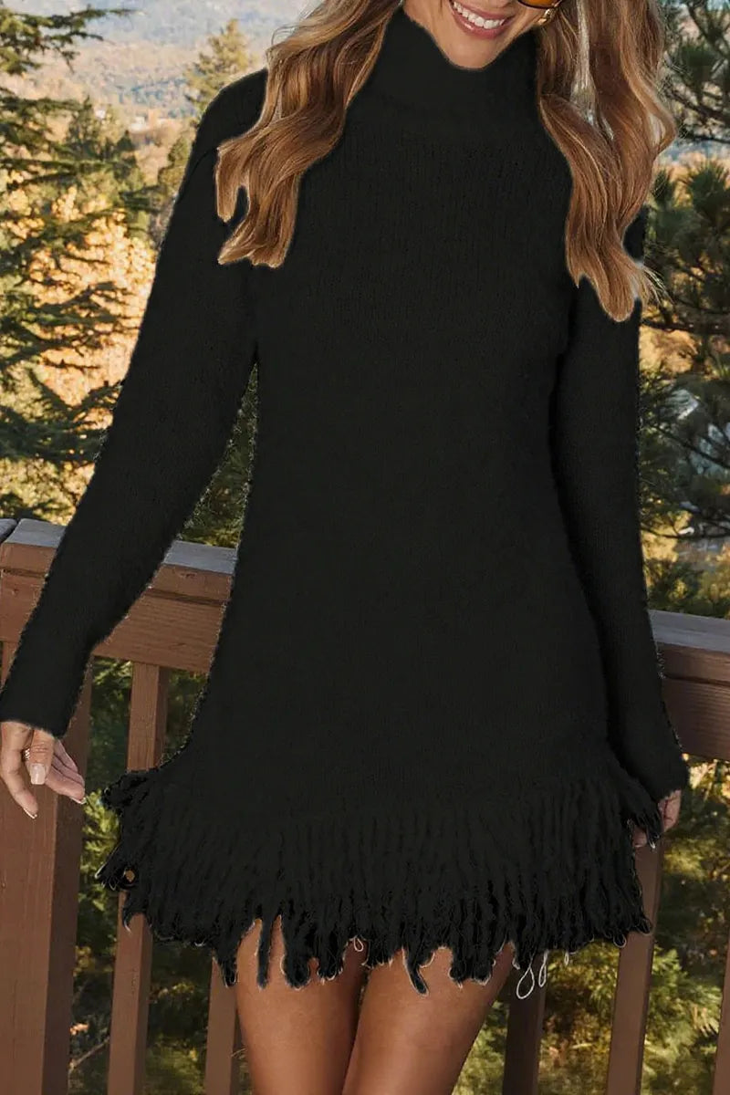 ( In stock)Women Turtleneck Tassel Knitted Sweater Dress
