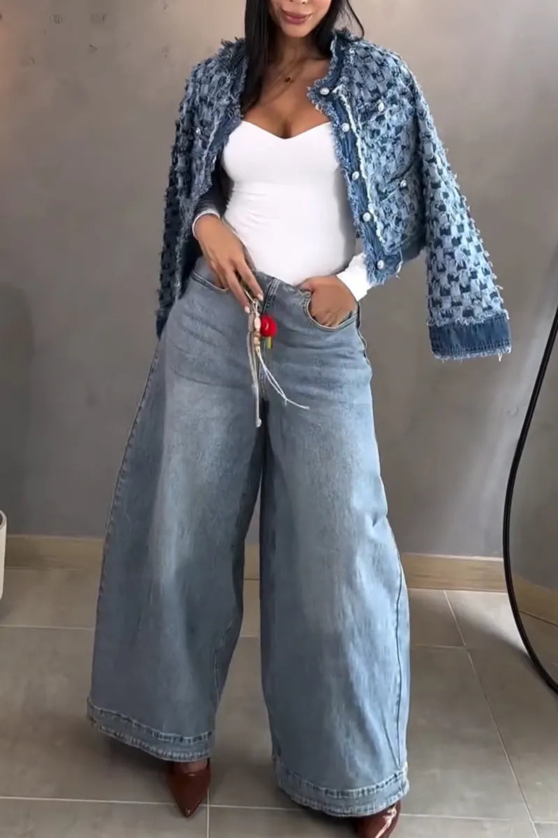 Women's Round Neck Buckle Spliced Denim Jacket or Washed Wide Leg Jeans