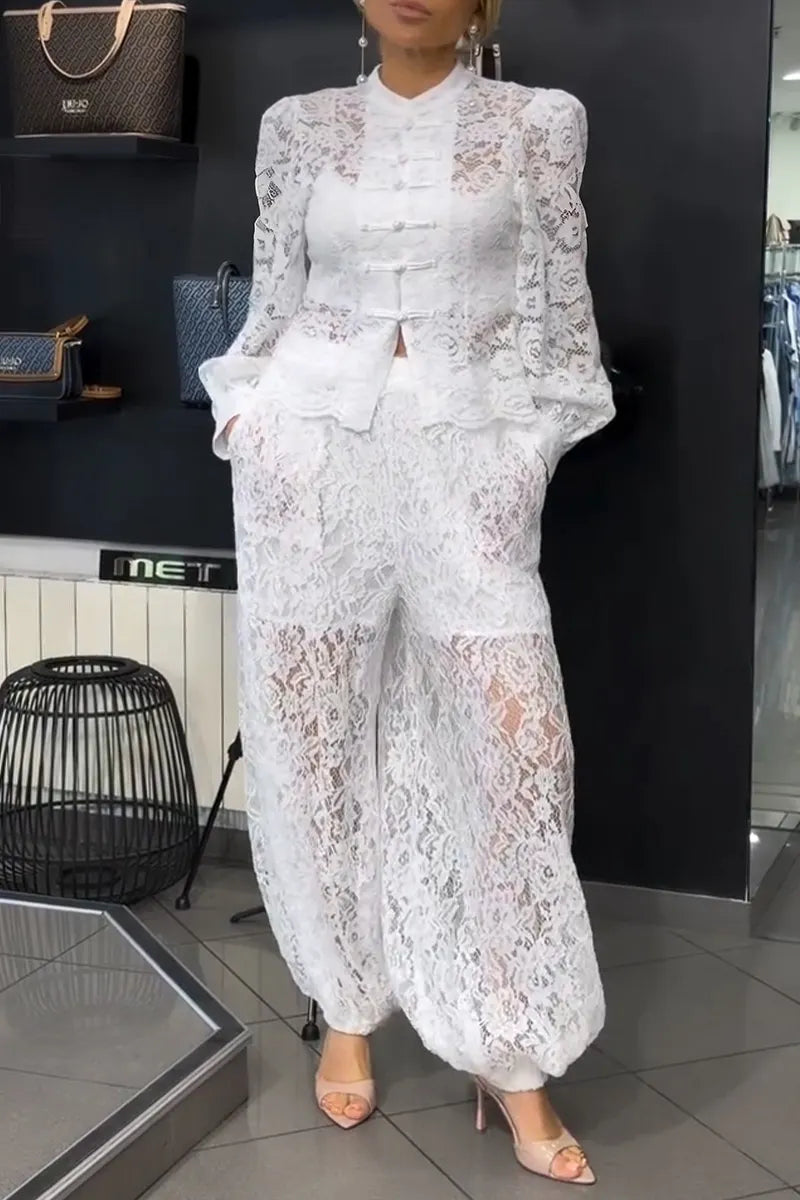 Women's Elegant Button Decoration Lace Shirt or Pants