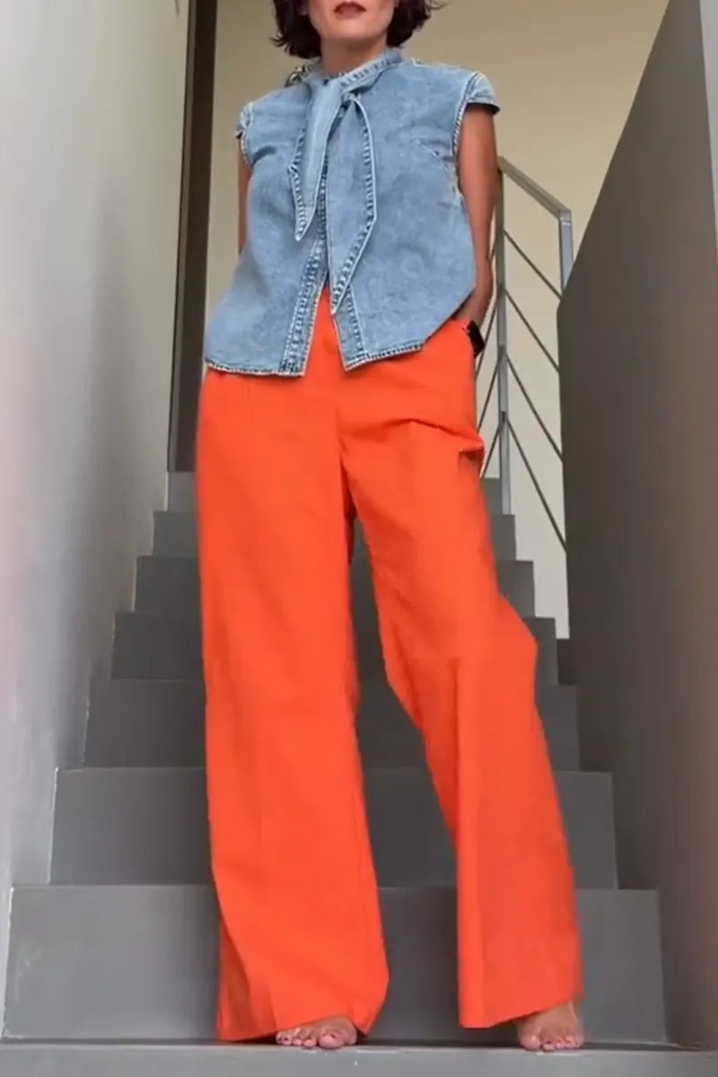 Women's Patchwork Tie Washed Denim Top or Solid Color Wide Leg Pants