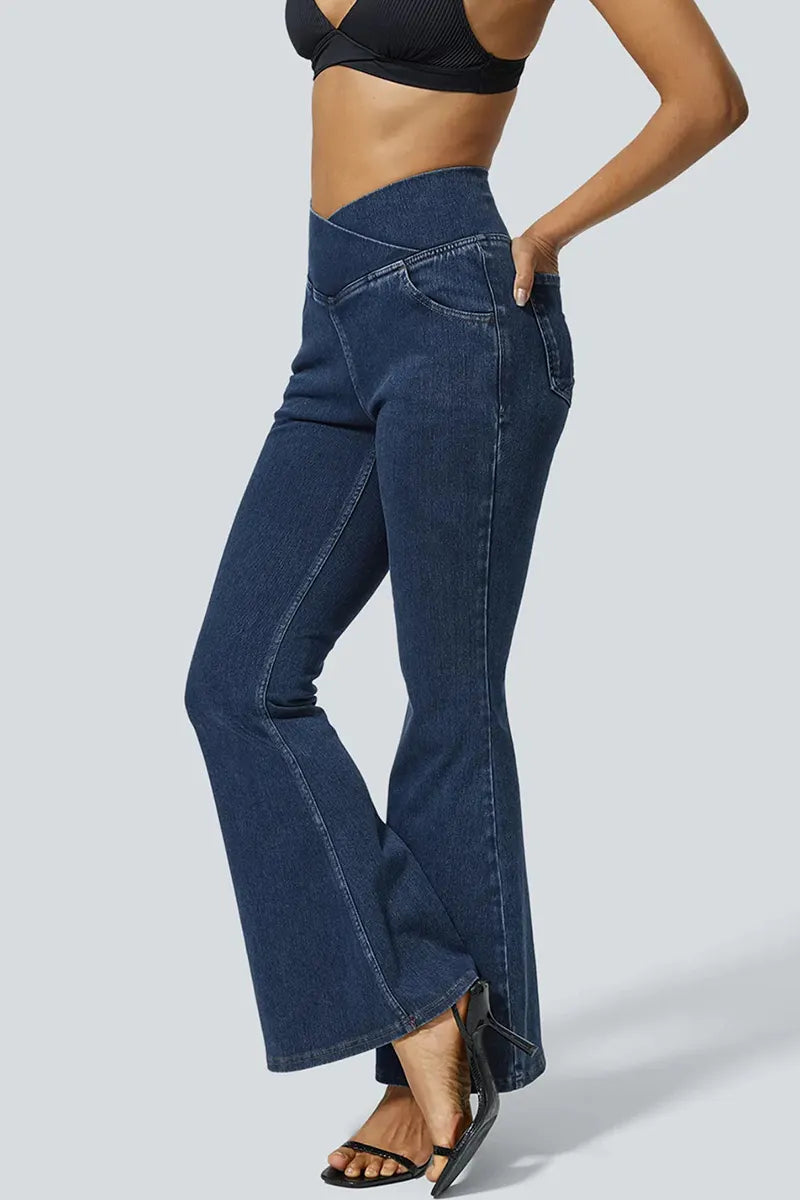 Women's High Waist Cross Over Flared Jeans With Elegant Draping