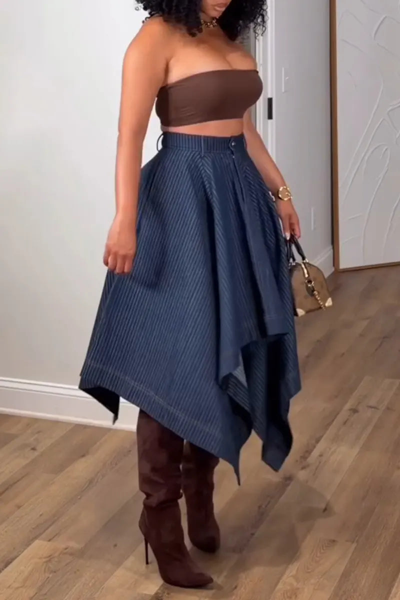 Women's Fashion Stripe Asymmetric Hem Denim Skirt