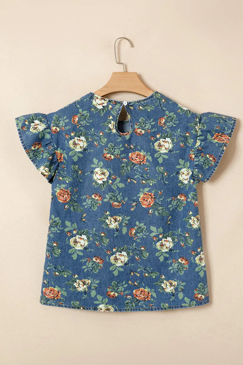Women's Retro Print Ruffled Denim Top