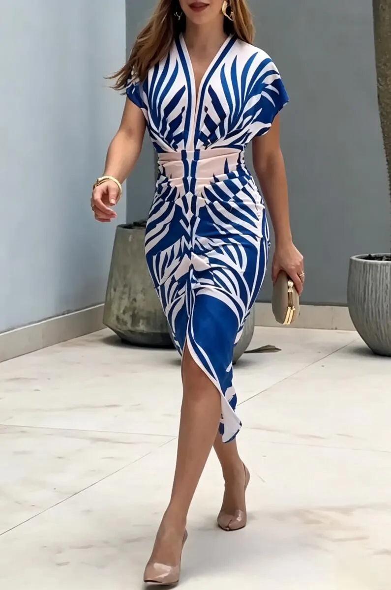 Women's V-neck Printed Waist Cinching Elegant Temperament Dress