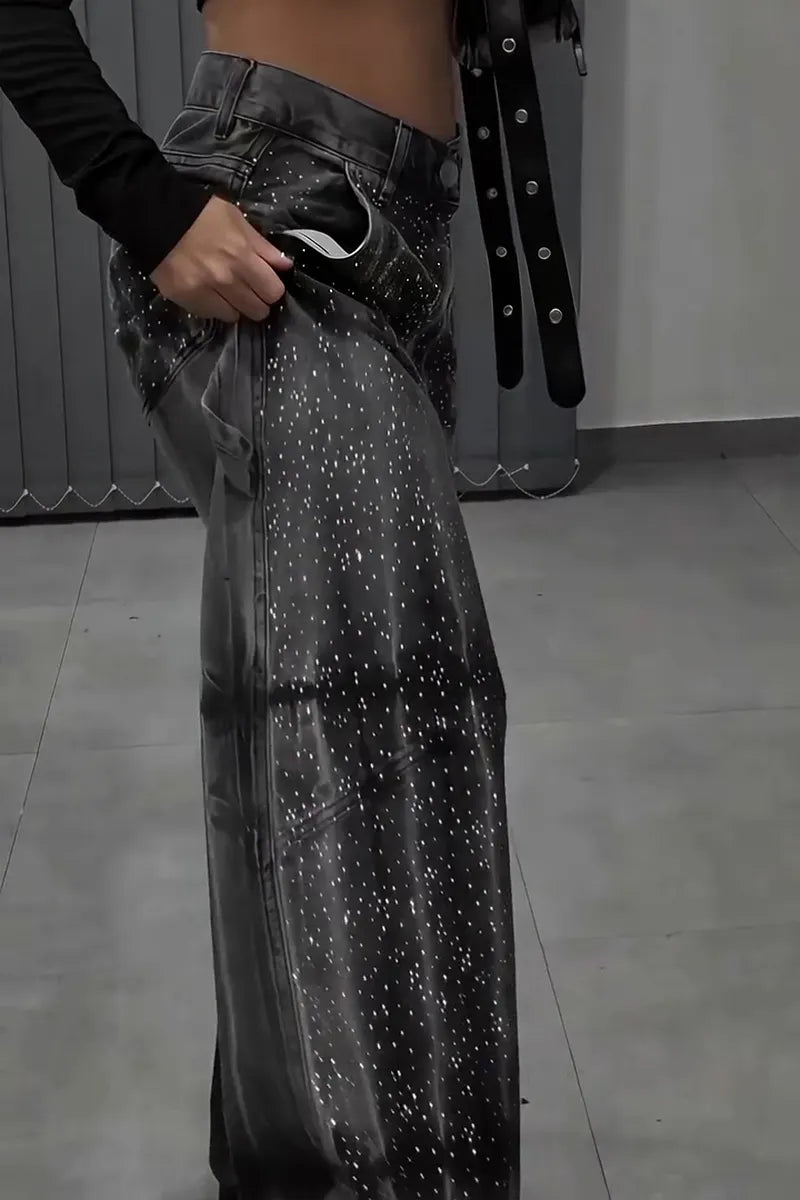 Women's Casual Rhinestone Decoration Wash Wide Leg Jeans