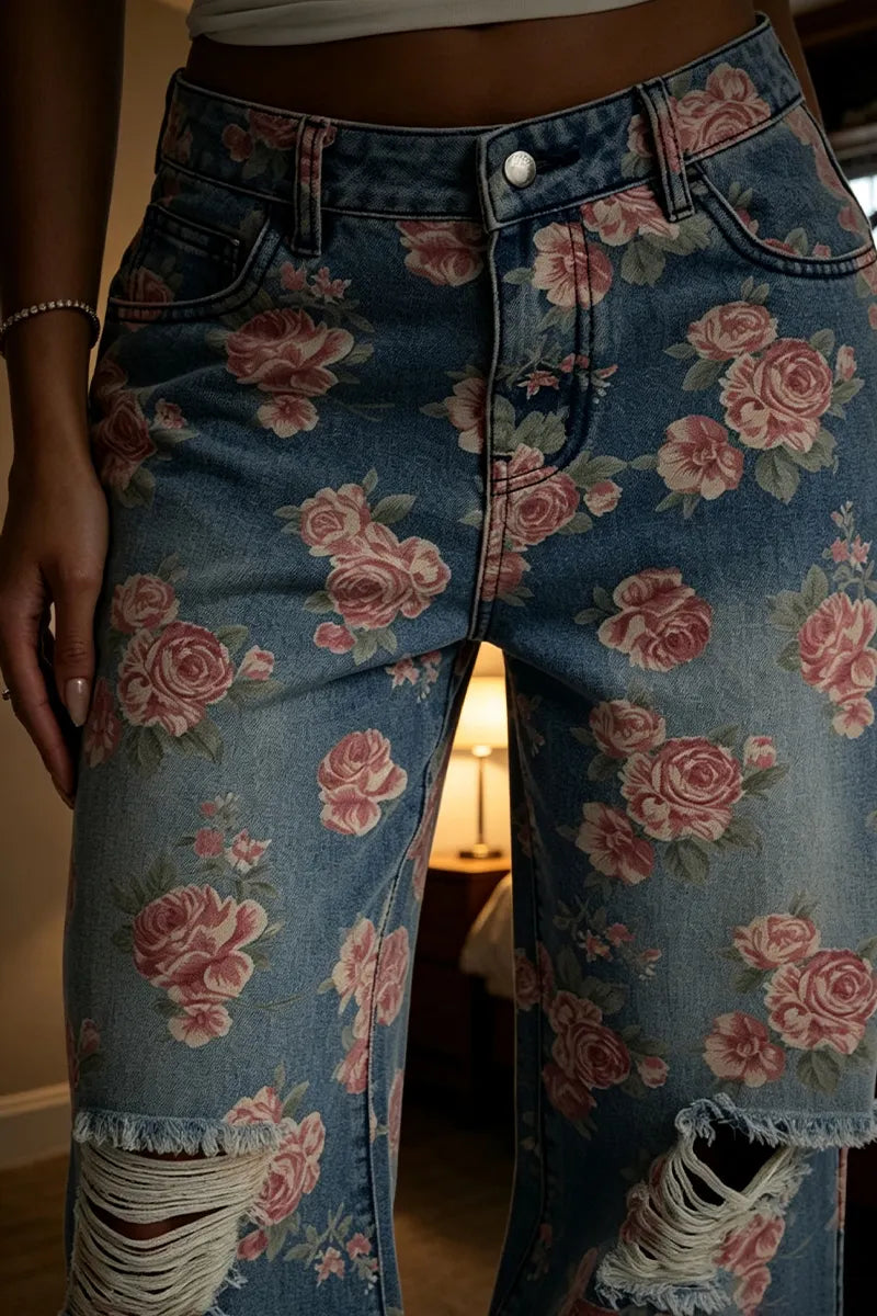 Women's Washed Water Hole Rose Print Casual Wide Leg Jeans
