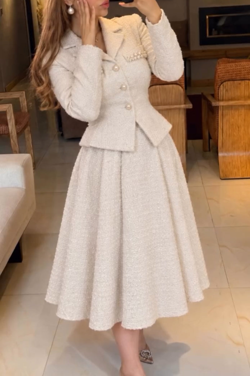 Women's Collar Waist Small Fragrant Style Coarse Woolen Jacket or Skirt