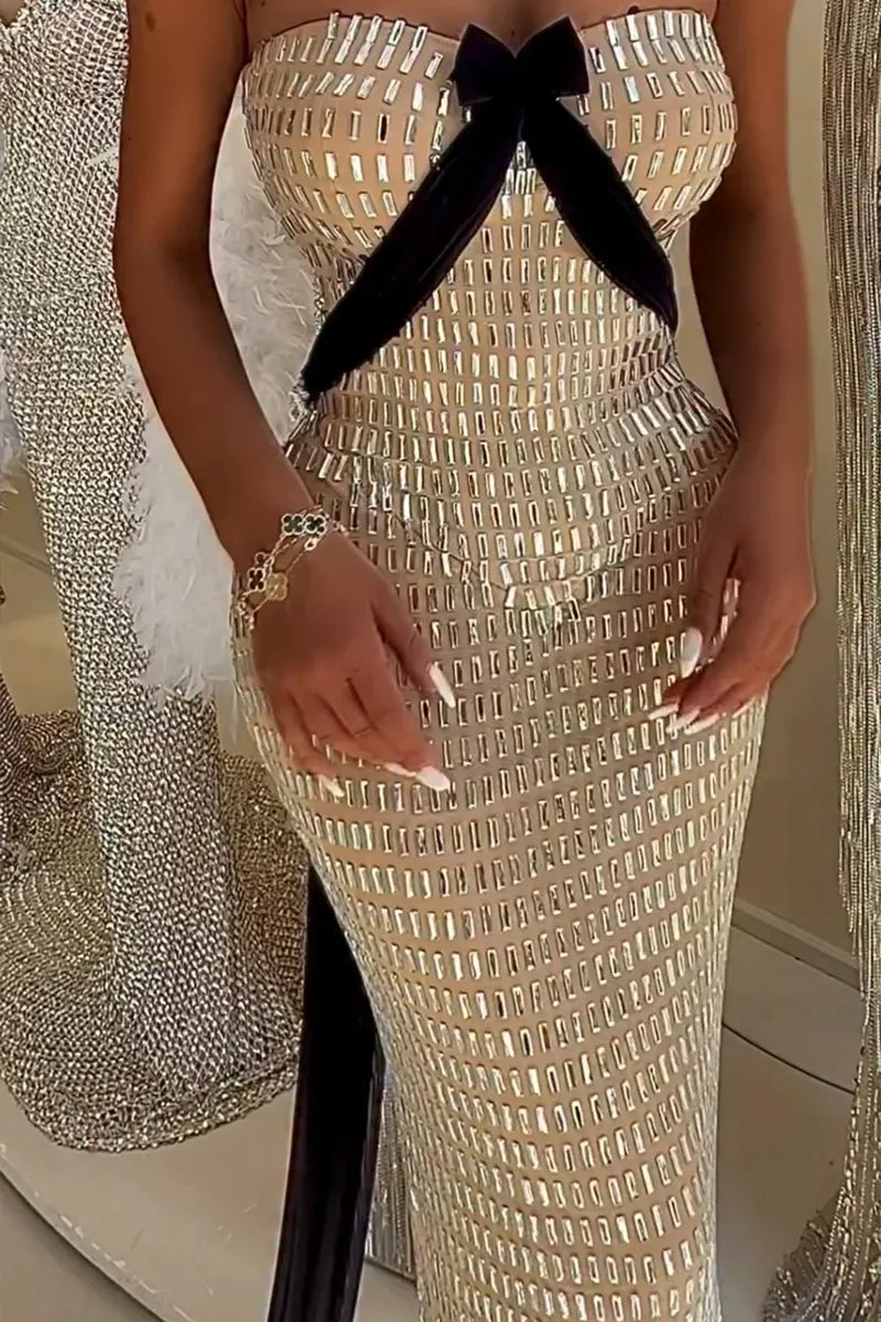 Women's Party Elegant Shiny Rhinestone Bow Streamer Gown Maxi Dress