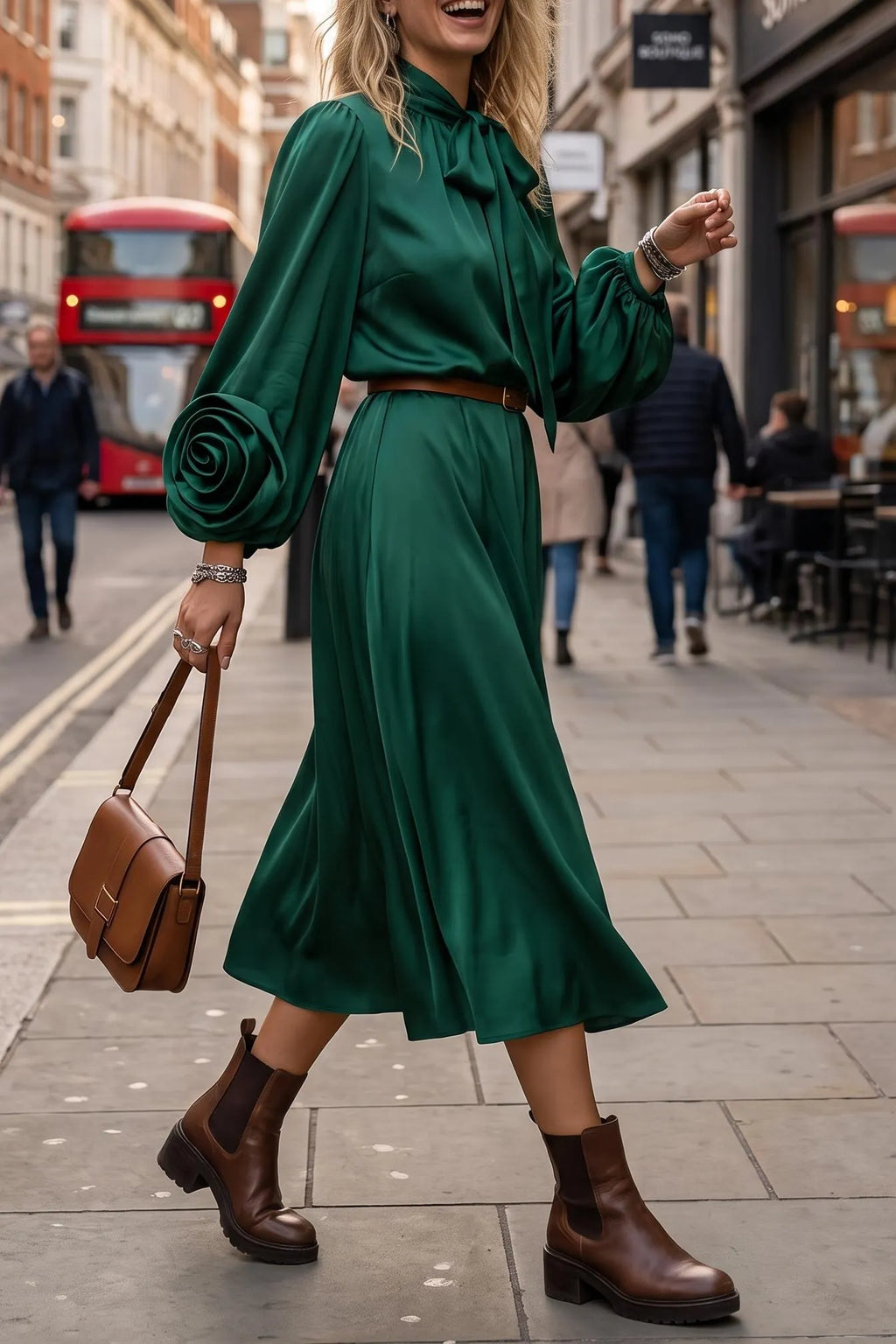 Women's Elegant Satin Tie Neck Midi Dress Long Lantern Sleeve 3D Rose Floral Pleated A-Line Cocktail Dress with Belt Vintage Wedding Guest Dresses