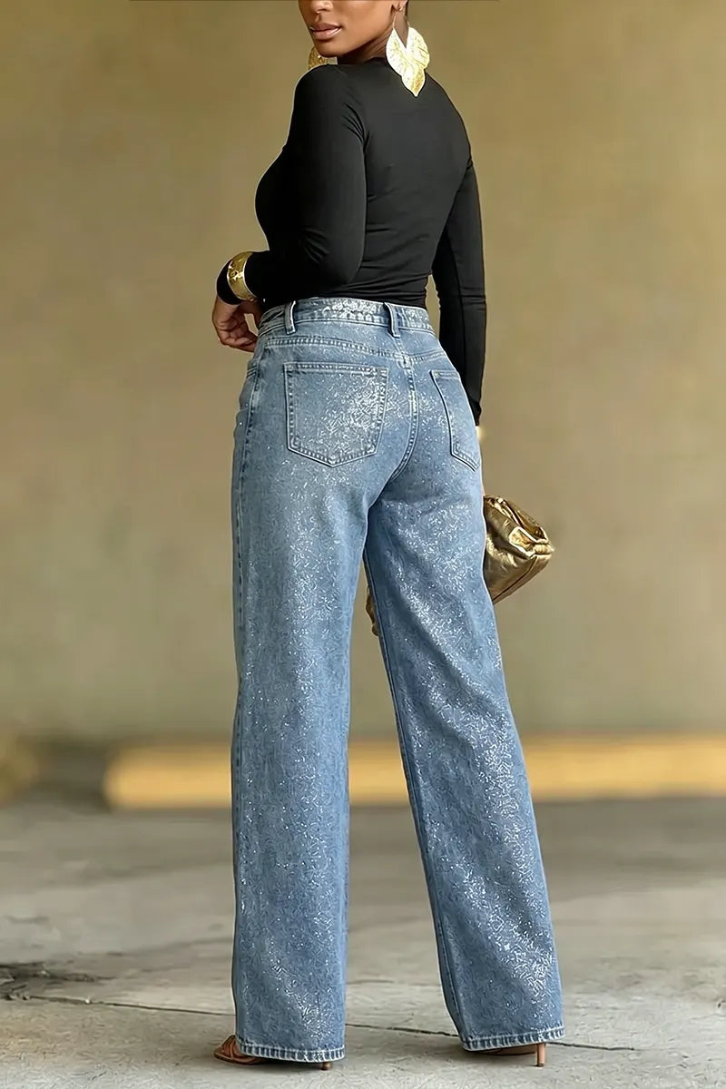 Women's Fashion Sparkly Gold Foil Wide-Leg Jeans